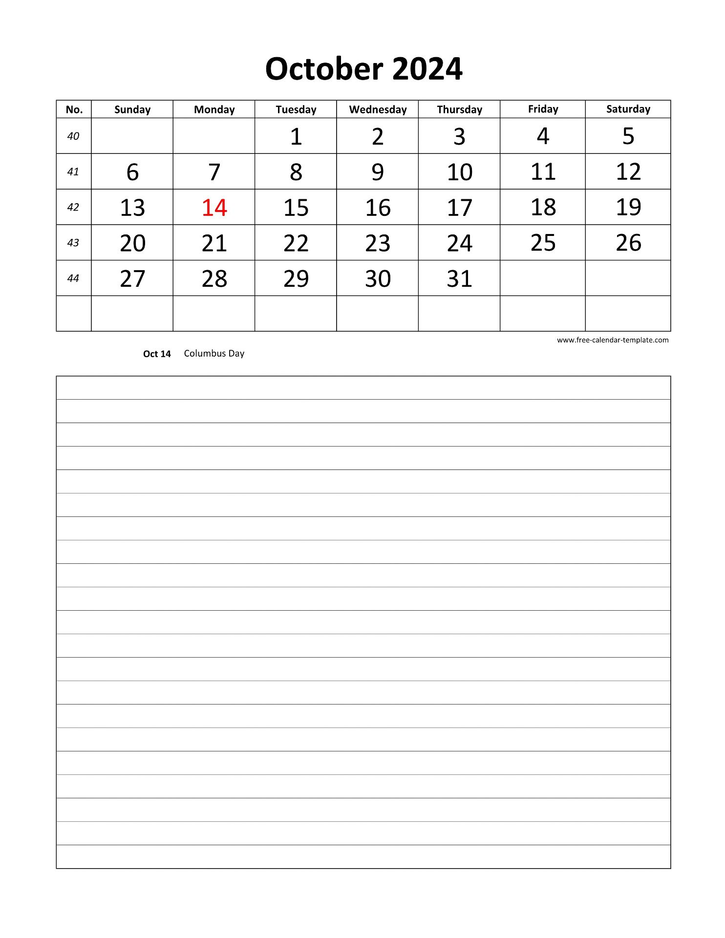 Printable 2024 October Calendar grid lines for daily notes (vertical