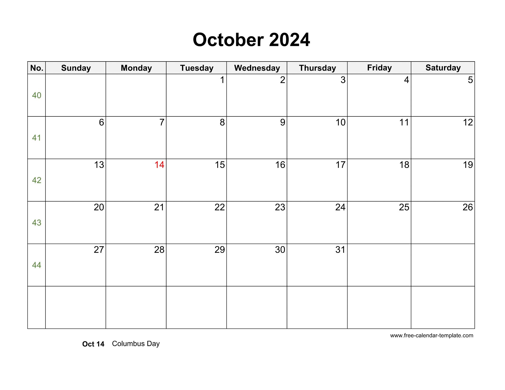 Free 2024 Calendar Blank October Template (horizontal) Freecalendar