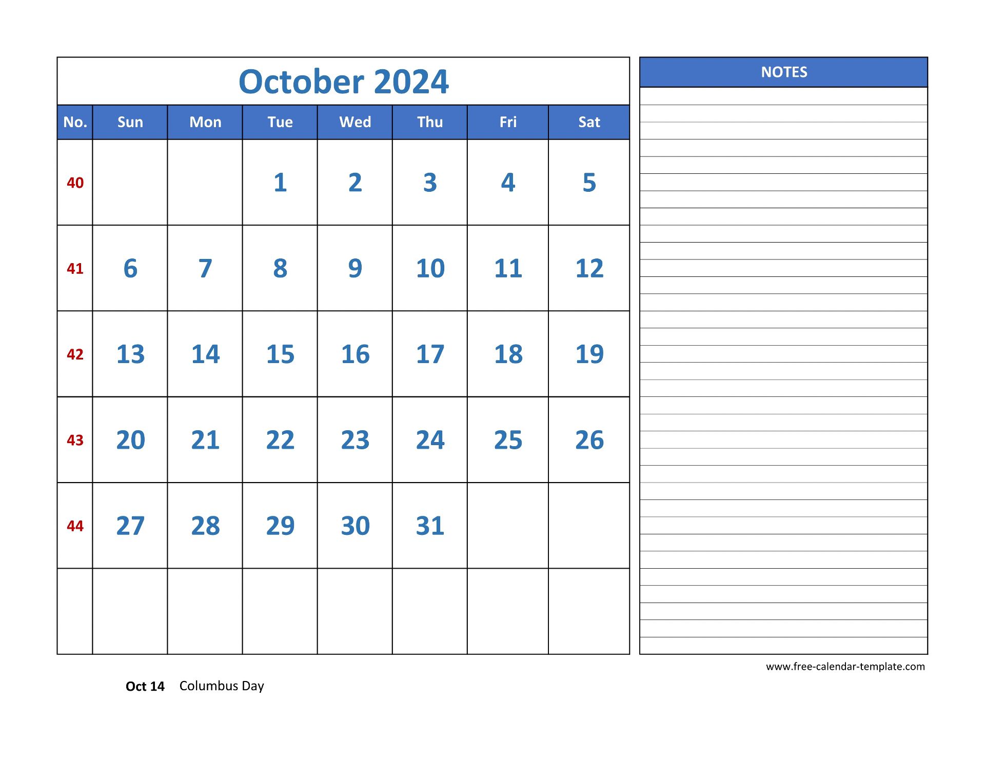 October Calendar 2024 grid lines for holidays and notes (horizontal