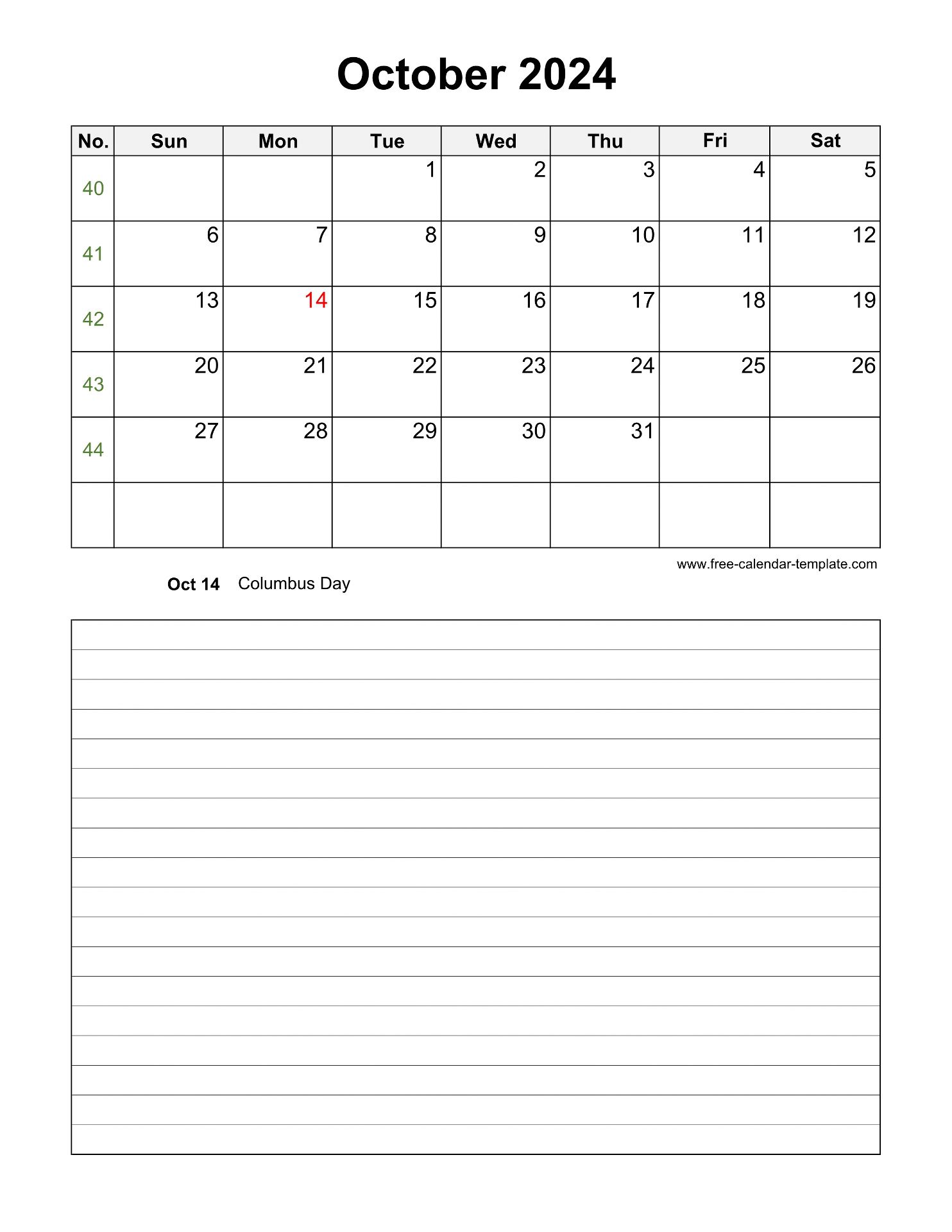 Printable October 2024 Calendar with space for appointments (vertical