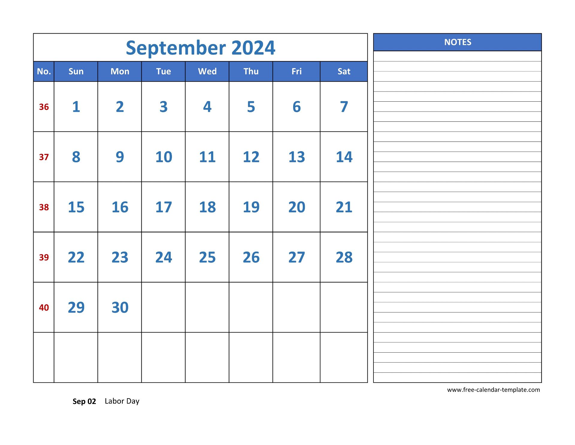 September Calendar 2024 grid lines for holidays and notes (horizontal