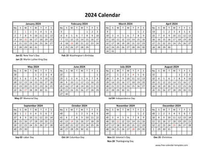 2024 calendar holidays month horizontal