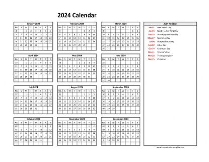 2024 calendar holidays right horizontal
