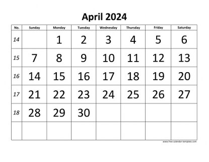 april 2024 calendar bigfont horizontal
