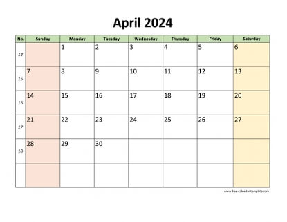 april 2024 calendar colored horizontal