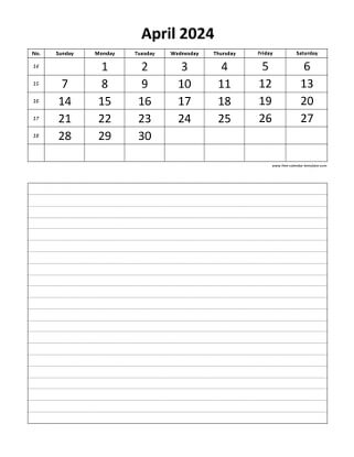 april 2024 calendar daily notes vertical