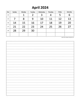 april 2024 calendar daily notes vertical