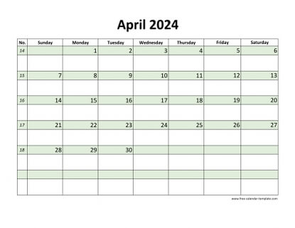 april 2024 calendar daycolored horizontal