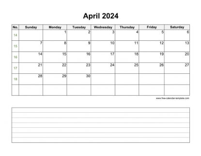 april 2024 calendar notes horizontal
