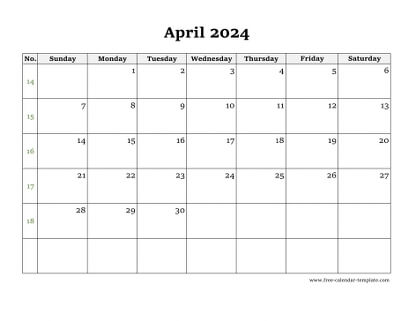april 2024 calendar simple horizontal