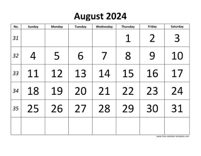 august 2024 calendar bigfont horizontal