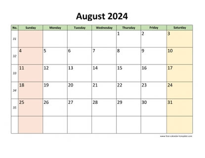 august 2024 calendar colored horizontal
