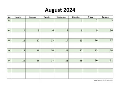 august 2024 calendar daycolored horizontal