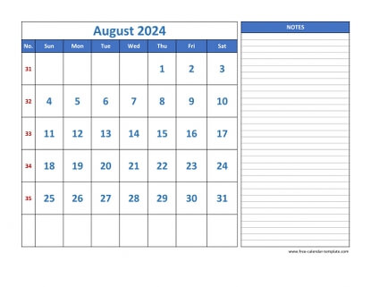 august 2024 calendar largenotes horizontal