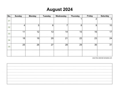 august 2024 calendar notes horizontal