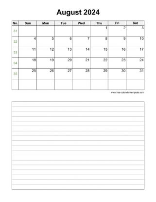 august 2024 calendar notes vertical