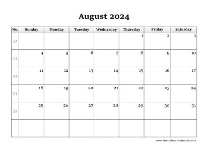august 2024 calendar simple horizontal