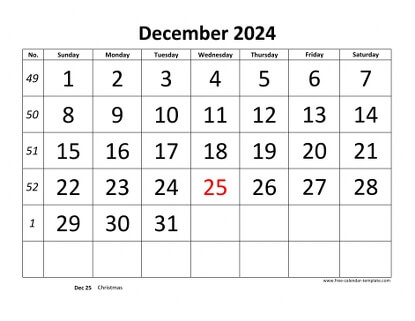 december 2024 calendar bigfont horizontal