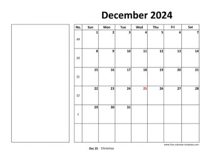 december 2024 calendar boxnotes horizontal