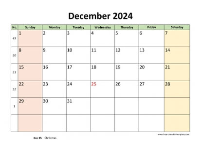 december 2024 calendar colored horizontal