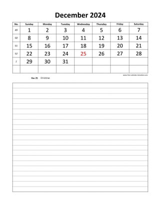 december 2024 calendar daily notes vertical