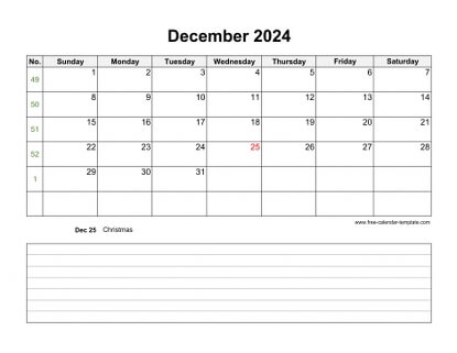 december 2024 calendar notes horizontal