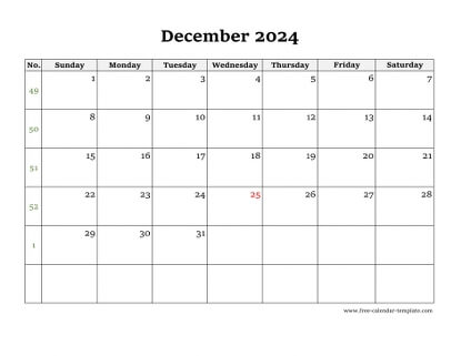 december 2024 calendar simple horizontal