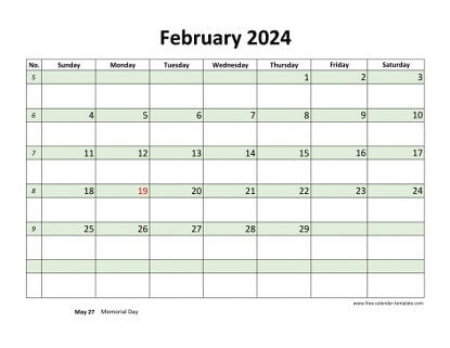 february 2024 calendar daycolored horizontal