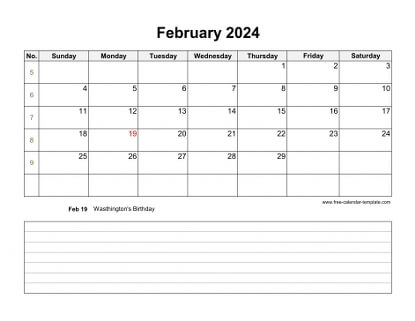 february 2024 calendar notes horizontal