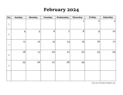 february 2024 calendar simple horizontal