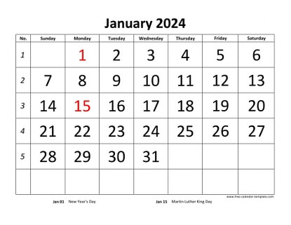 january 2024 calendar bigfont horizontal