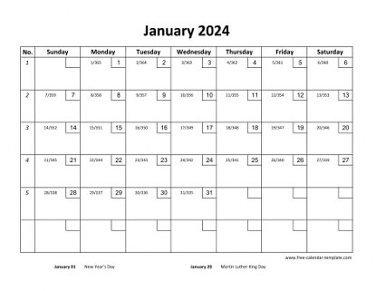 january 2024 calendar checkboxes horizontal