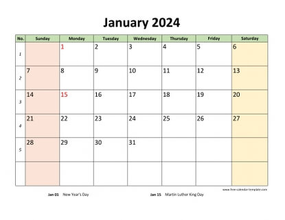 january 2024 calendar colored horizontal
