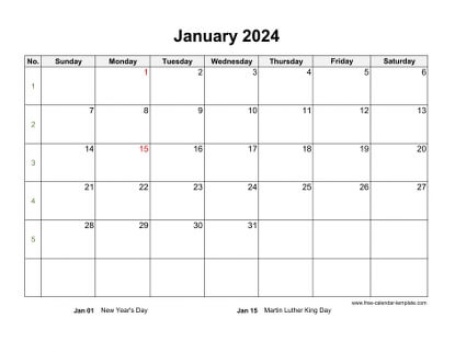 january 2024 calendar holidays horizontal