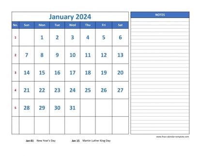 january 2024 calendar largenotes horizontal