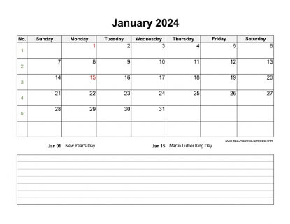 january 2024 calendar notes horizontal