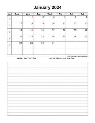 january 2024 calendar notes vertical