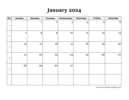 january 2024 calendar simple horizontal