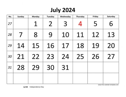july 2024 calendar bigfont horizontal