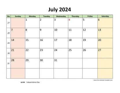 july 2024 calendar colored horizontal