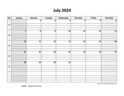 july 2024 calendar daygrid horizontal