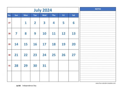 july 2024 calendar largenotes horizontal