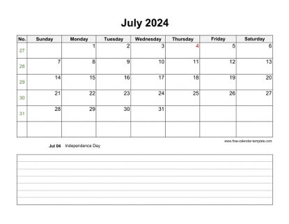 july 2024 calendar notes horizontal