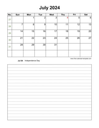 july 2024 calendar notes vertical