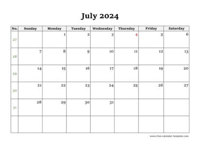 july 2024 calendar simple horizontal