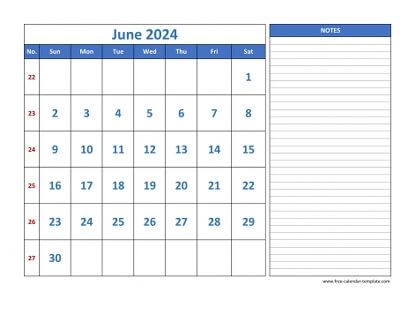 june 2024 calendar largenotes horizontal
