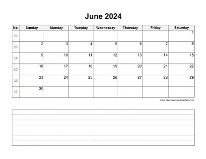 june 2024 calendar notes horizontal