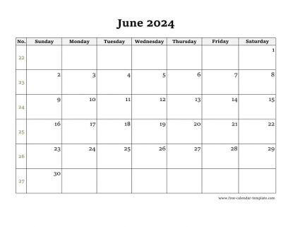 june 2024 calendar simple horizontal