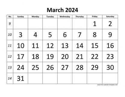 march 2024 calendar bigfont horizontal