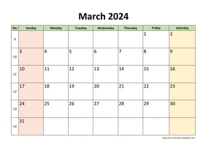march 2024 calendar colored horizontal